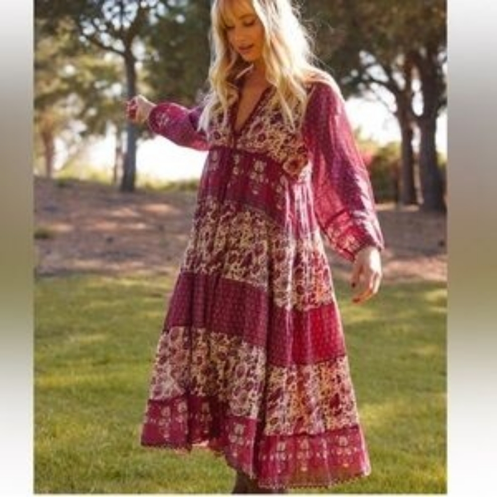 Blue Boheme Burgundy Floral Long Sleeve Maxi Dress